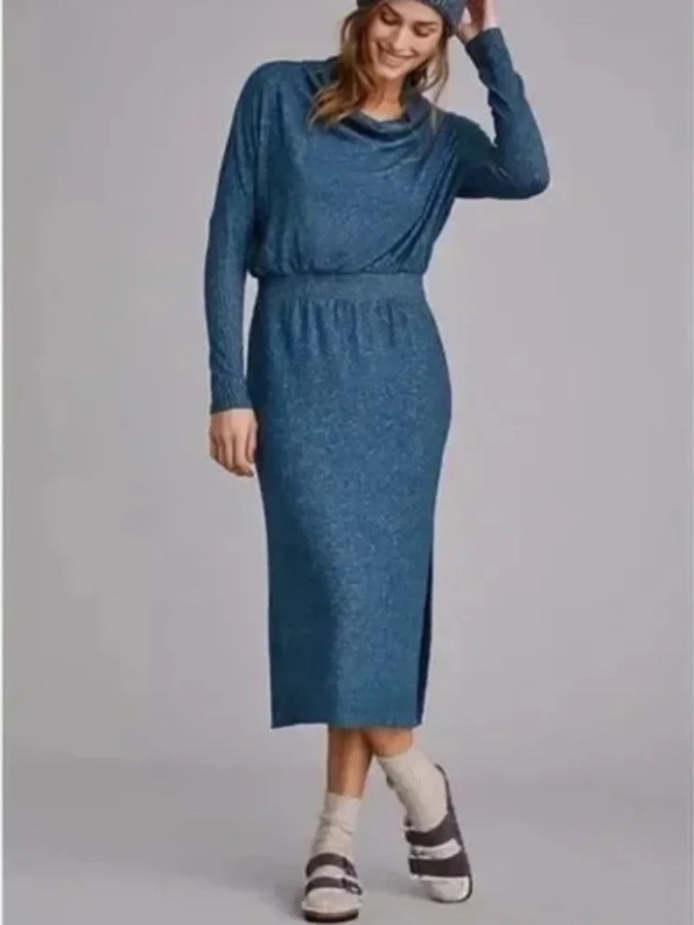 Anthropologie Daily Practice The Arabella Drapey Knit Dress Teal Blue Size XL